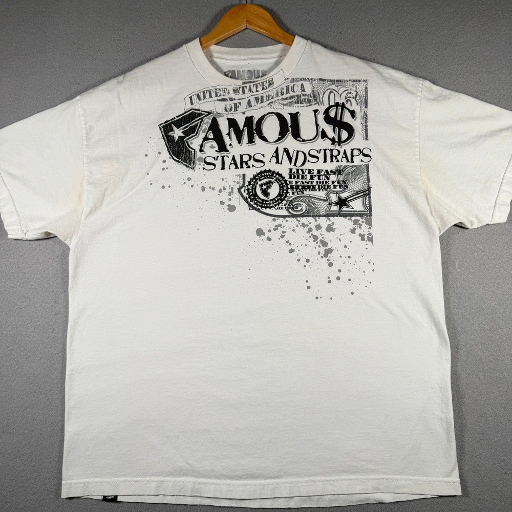 Famous Stars and Straps Mens XXL White Graphic T-Shirt Live Fast Die Fun Tee